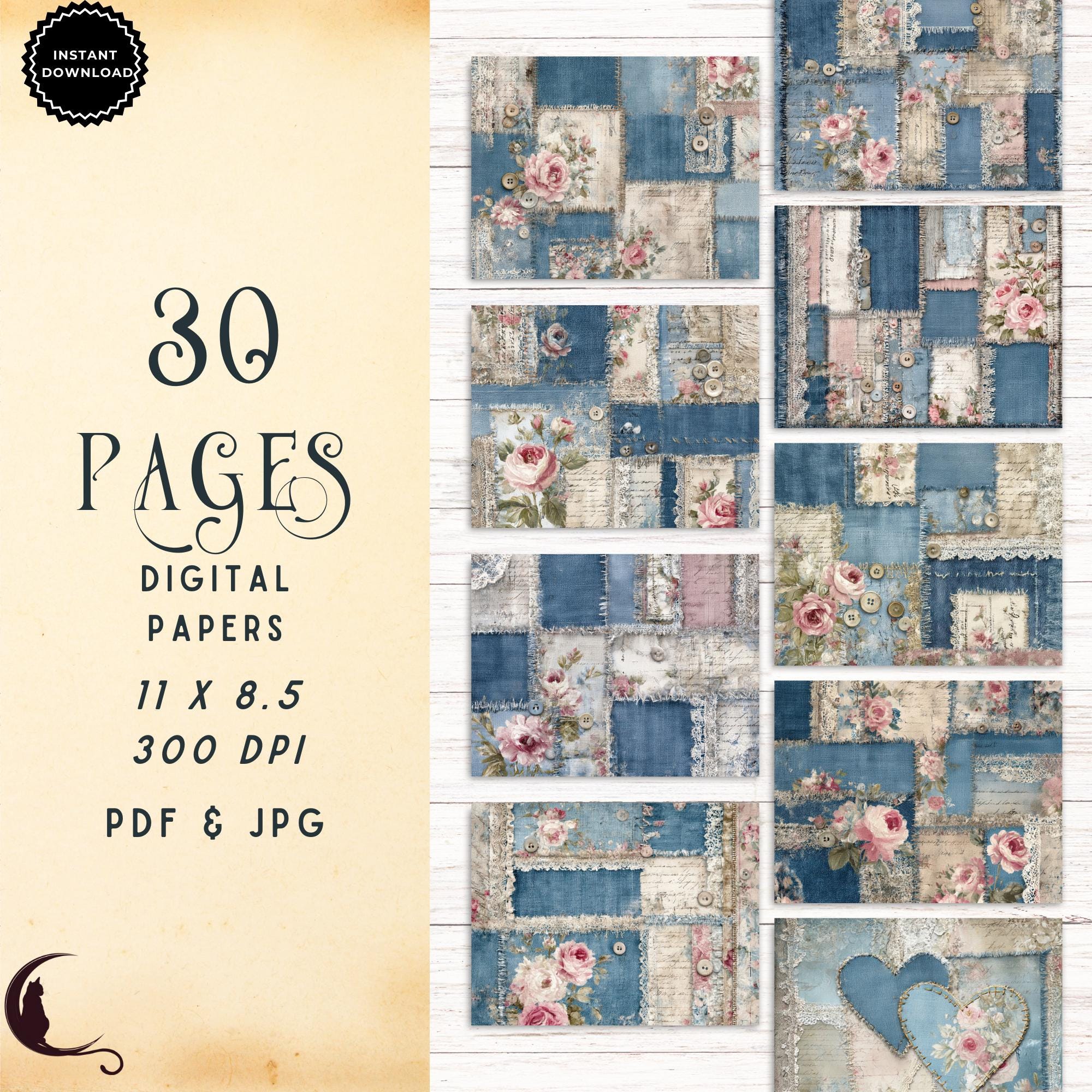 Denim Patchwork Junk Journal Kit, Digital Printable Paper Collage ...