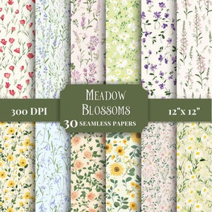 Seamless Meadow Blossoms Digital Paper, Printable Floral Patterns Watercolor Backgrounds, Spring Flowers Scrapbooking Essentials, DIY Crafts