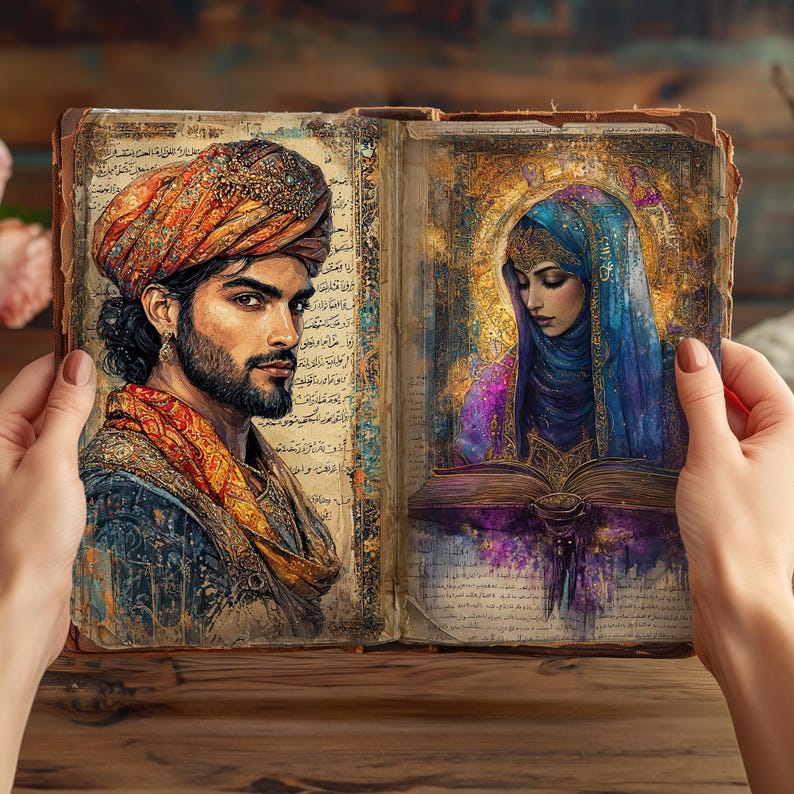 May include: An open book featuring an illustration of a person wearing an orange turban and patterned clothing on the left page, and a person wearing a blue head covering on the right page, both set against a background of aged paper with text.