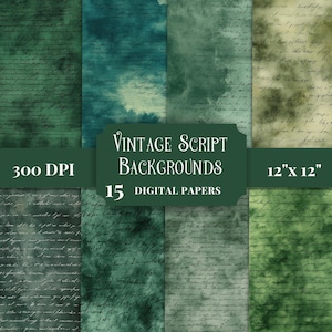 Green Vintage Script Backgrounds, Dark Academia Paper, Antique Handwritten Texture, Distressed Junk Journal Pages, Printable Scrapbook