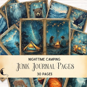 Nighttime Camping Junk Journal Kit, Vintage Nature Ephemera, Outdoor Adventures Digital Scrapbook Paper, Forest Animals DIY Craft Supplies