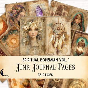 Diario espiritual bohemio, álbum de recortes místico bohemio, material efímero vintage, suministros para manualidades de chicas hippies, kit de papel digital mágico para imprimir