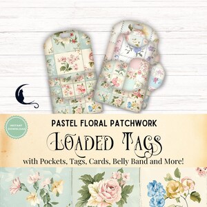 May include: Pastel floral patchwork loaded tags with pockets, tags, cards, and more. The tags feature a light blue and white patchwork design with pink and yellow floral patterns. The image also includes a black cat silhouette and the words "Instant Download".