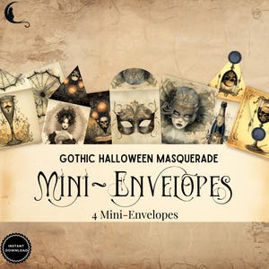 Mini-envelopes vintage para baile de máscaras gótico de Halloween | Kit para diário de sucata | Envelopes para diário de sucata | Diário de Halloween | Envelopes para impressão