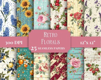 Seamless Retro Floral Digital Paper, Printable Cottagecore Backgrounds, Shabby Chic Patterns for Scrapbooking and Junk Journals, JPG
