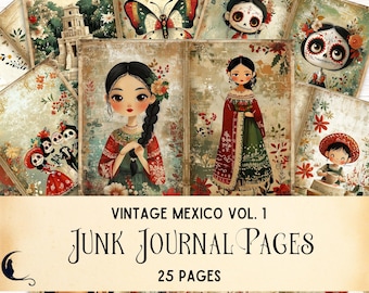 Vintage Mexico Digital Junk Journal, Colorful Mexican Heritage Digital Paper, Unique Printable Pages, Mexican Folk Art Scrapbook Kit