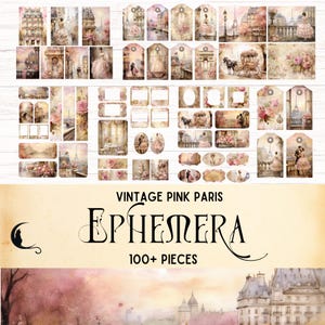 Vintage Pink Paris Junk Journal Ephemera Kit, Printable Vintage Ephemera, Romantic Scrapbooking Kit, Shabby Chic Pink Watercolor Florals