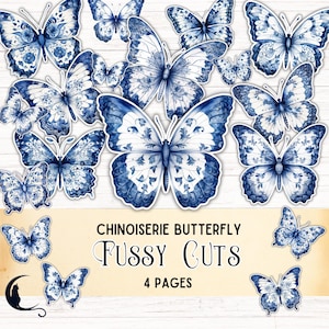 Chinoiserie Schmetterling Fussy Schnitte, digitaler Download für Junk Journals, druckbare Blumen Ephemera, blaue Toile Aufkleber, DIY Bastelbedarf,