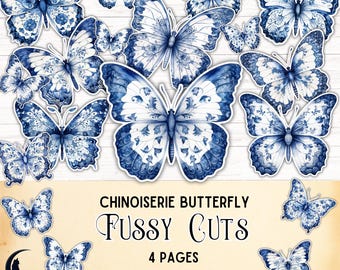 Chinoiserie Butterfly Fussy Cuts, Digital Download for Junk Journals, Printable Floral Ephemera, Blue Toile Stickers, DIY Craft Supplies,