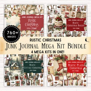 Rustikales Weihnacht Junk Journal Kit Bundle, festliches Folio Pocket Printable Vintage Urlaub Bäckerei Ephemera, rot grüner Tartan karierter Cottagecore