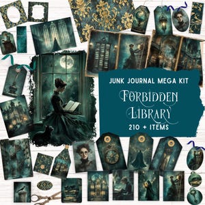 Puede incluir: Un conjunto de efímeras para junk journaling, con un tema de biblioteca gótica en tonos verde azulado y dorado. El kit incluye etiquetas, marcos e ilustraciones. El texto de la imagen dice "Junk Journal Mega Kit Forbidden Library 210+ Items".