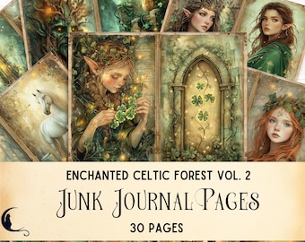 May include: A collection of 30 junk journal pages titled Enchanted Celtic Forest Vol. 2. The pages feature illustrations of elves, a white horse, stone arches, and clover motifs in shades of green and gold with a vintage, weathered paper texture.