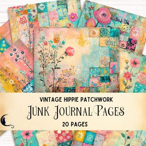 Hippie Patchwork Junk Journal Seiten, Vintage Quilt Retro Collage Sheet wunderliches buntes digitales Papier Shabby Chic Blumen Hintergrundpapier