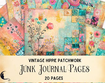 Hippie Patchwork Junk Journal Pages, Vintage Quilt Retro Collage Sheet Whimsical Colorful Digital Paper Shabby Chic Florals Background Paper