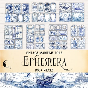 Kit d'éphémères vintage pour journal de bord en toile bleu maritime, étiquettes éphémères nautiques imprimables, fournitures uniques pour scrapbooking océan mer, travaux manuels en papier