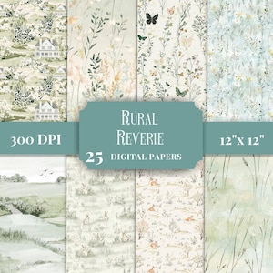 May include: A set of 25 digital papers with a rural theme. The papers feature watercolour illustrations of houses, fields, butterflies, rabbits, and other nature elements. Each paper is 30.48 cm x 30.48 cm and 300 DPI. The collection is titled "Rural Reverie."