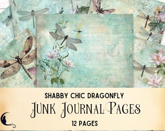 Dragonfly Junk Journal Pages, Shabby Chic Ephemera, Digital Scrapbooking Supplies, Nature Digital Filler Paper Backgrounds for DIY Crafts