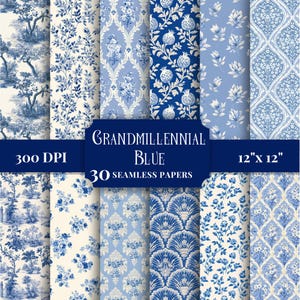 Peut inclure: Une collection de 30 papiers numériques sans couture présentant divers motifs bleus et blancs, incluant des designs floraux, damassés et paysagers. L'image affiche le texte GRANDMILLENNIAL BLUE, 300 DPI et 12" x 12" sur une bannière bleu foncé.