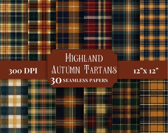 Seamless Highland Autumn Tartan Plaid Digital Paper, Printable Patterns for Scrapbooking, Junk Journals
