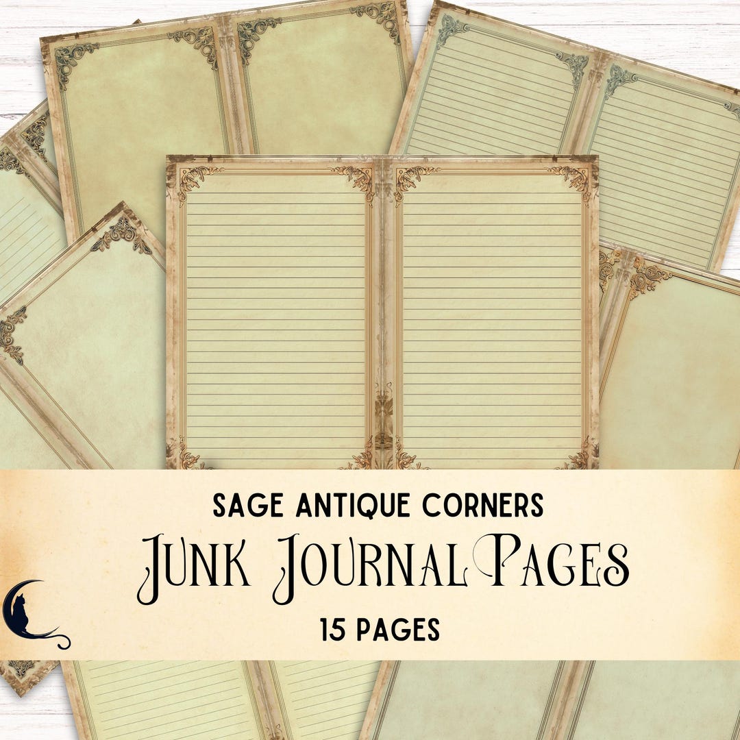 Sage Green Antique Corner Junk Journal Pages, Digital Vintage Lined and ...