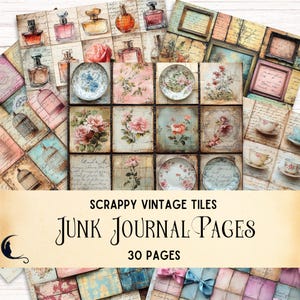 Kit de diario basura con azulejos vintage, álbum de recortes digital rústico imprimible, proyectos de manualidades DIY, cintas, tazas de té, cartas de amor y tapetes.