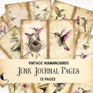 Kit de diário de lixo de beija-flor, imprimíveis de artesanato de beija-flores, itens vintage, páginas de aquarela para impressão, papel para scrapbook de pássaros, natureza