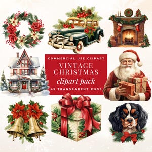 Pacote de clipart de Natal vintage - Ilustrações de férias retrô - Download digital - Gráficos festivos - Papai Noel e quebra-nozes - Uso comercial