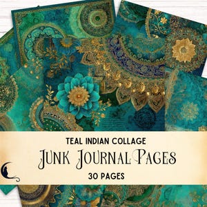 Kit de diário de colagem de mandala indiana, páginas de scrapbook digital para impressão, materiais de artesanato boho coloridos, tecidos boho exclusivos, retalhos de sari