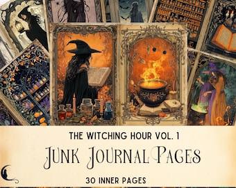 May include: A collection of vintage-style junk journal pages with witchy illustrations. The pages feature images of witches, cauldrons, potions, and spell books. Text on the pages reads "The Witching Hour Vol. 1" and "Junk Journal Pages" with "30 Inner Pages".