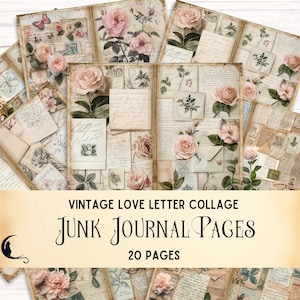 Pagine di diario vintage con lettere d'amore floreali, collage stampabile, carta digitale romantica, album di ritagli vittoriano shabby chic, San Valentino