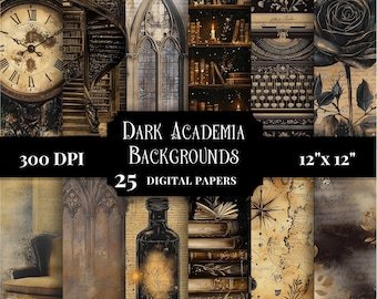 May include: A set of 25 digital papers featuring dark academia themes. The papers include images of books, a clock, a window, a typewriter, a bottle, and a map. The papers are 12 inches by 12 inches and 300 DPI.