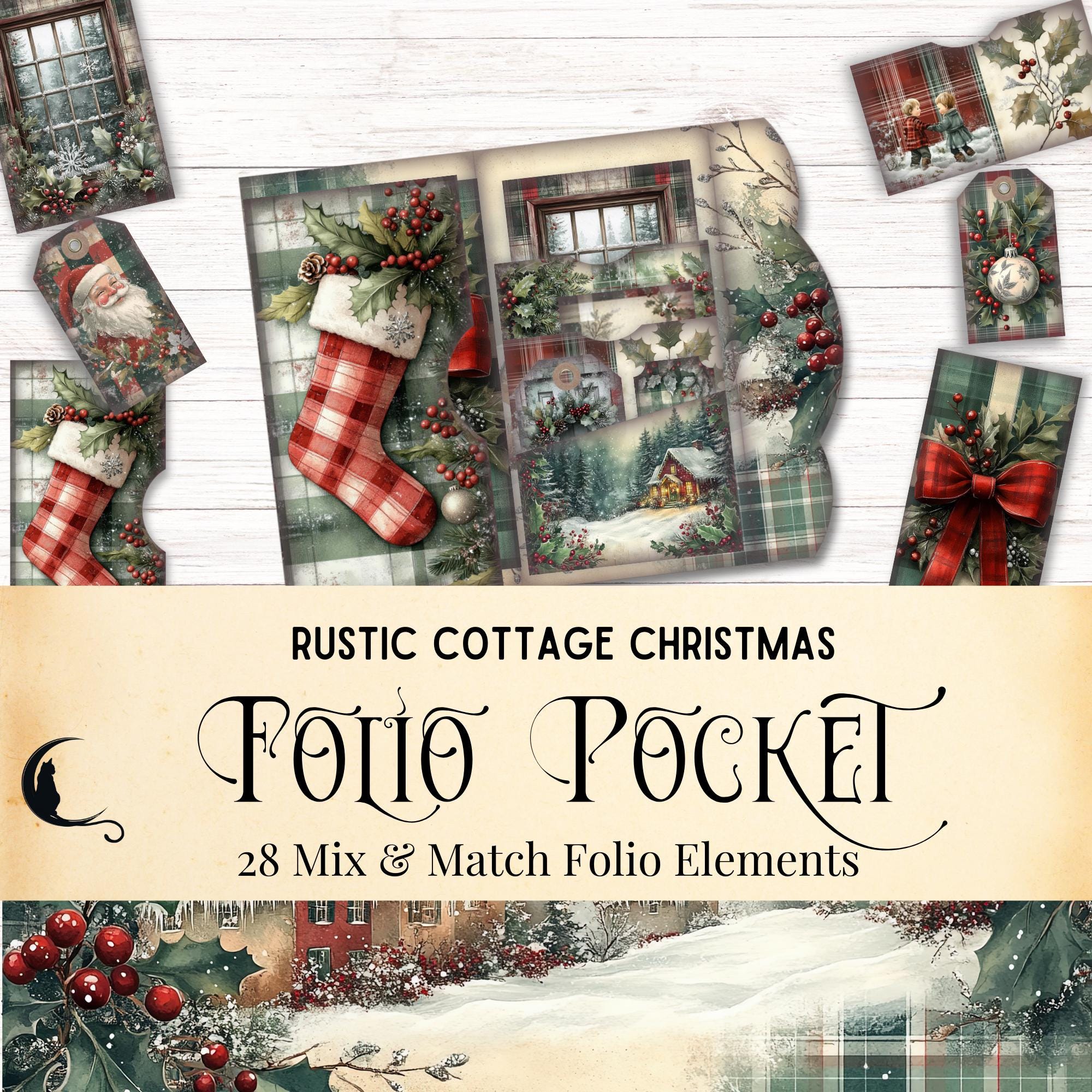 Rustic Cottage Plaid Christmas Junk Journal Folio Kit, Printable Pocket ...