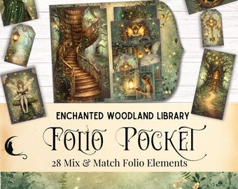 May include: A collection of paper craft elements titled Enchanted Woodland Library Folio Pocket, featuring 28 mix and match folio elements with illustrations of fairies, a spiral staircase, a library, a key, and a tree house in shades of green and gold.