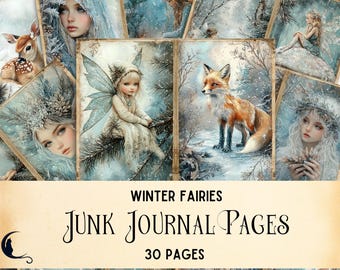 Winterfee Junk Journal Kit, afdrukbaar betoverd bos ephemera, fantasie plakboekpagina's, doe-het-zelf papieren benodigdheden voor creatieve projecten