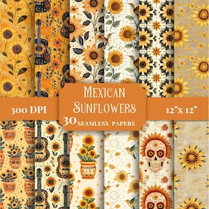 Seamless Sunflowers Digital Paper, Floral Mexican Folk Art Patterns, Scrapbooking, Printable Backgrounds, Junk Journal Unique Craft Supplies