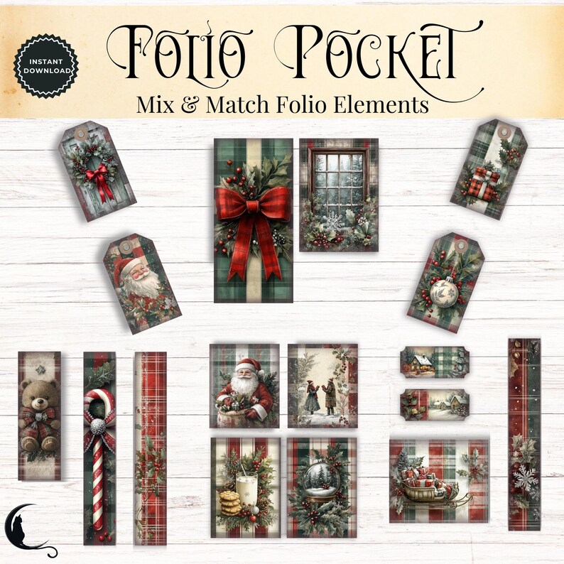 Rustic Cottage Plaid Christmas Junk Journal Folio Kit, Printable Pocket ...