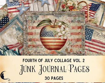 Vintage Fourth of July Collage Junk Journal, Printable Patriotic Ephemera Americana Red White & Blue Scrapbook Supplies USA Paper Crafts DIY