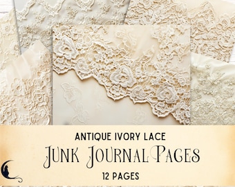 Ivory Lace Digital Paper Pack, Printable Scrapbook Kit, Vintage Lace Patterns, Elegant Junk Journal Pages Antique Craft Supplies, Background