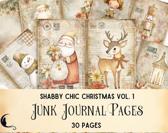 Shabby Chic Christmas Junk Journal Kit, Printable Gold Holiday Ephemera, Minimalist Festive Scrapbook Paper, Whimsical DIY Craft Supplies,