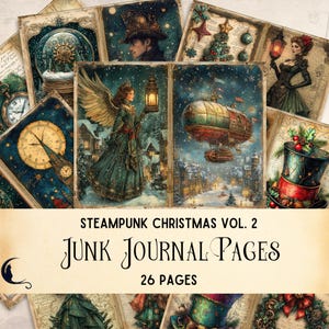 Páginas de diário de Natal Steampunk, papéis digitais, materiais exclusivos para artesanato de Natal, kit de scrapbook para impressão, itens vintage, PDF JPG