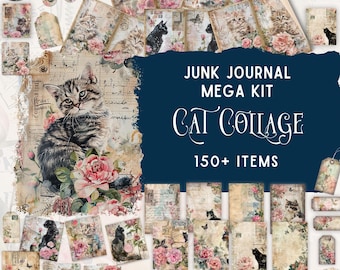 Cats Collage Junk Journal Kit | Kitten Junk Journal Paper | Folding Folio | Folio Kit | Vintage Ephemera | Cats Ephemera | PDF JPEG | Peony