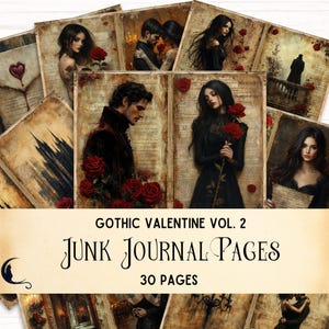 Gothic Valentine Junk Journal Pages, Dark Romance Scrapbook Paper, Victorian Vintage Valentine’s Day Printable Ephemera, Antique Red Roses