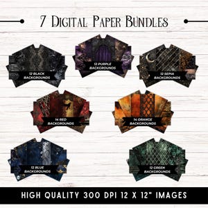 May include: Seven digital paper bundles with various colors and patterns. The bundles include 12 black, 12 purple, 12 sepia, 14 red, 14 orange, 12 blue, and 12 green backgrounds. Each bundle is labeled with the color and number of backgrounds included. The image text reads "7 Digital Paper Bundles" and "High Quality 300 DPI 12 x 12" Images".