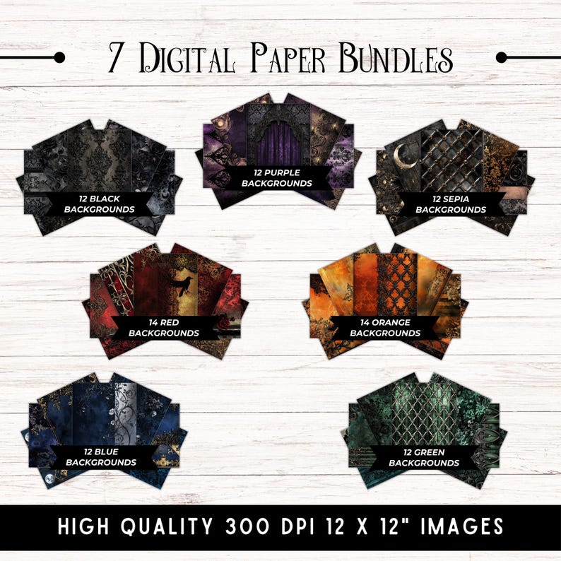 May include: Seven digital paper bundles with various colors and patterns. The bundles include 12 black, 12 purple, 12 sepia, 14 red, 14 orange, 12 blue, and 12 green backgrounds. Each bundle is labeled with the color and number of backgrounds included. The image text reads "7 Digital Paper Bundles" and "High Quality 300 DPI 12 x 12" Images".