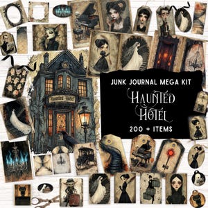 Haunted Hotel Junk Journal Kit, Vintage gruselige Ephemera, bedruckbares Folio Pocket, wunderliches Halloween Bastelmaterial, digitales Scrapbook Papier