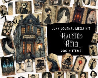 May include: A junk journal mega kit titled Haunted Hotel with 200+ items featuring gothic illustrations of a hotel, characters in black clothing, skeletons, chandeliers, carriages, and keys on various paper tags, cards, and rectangular sheets.