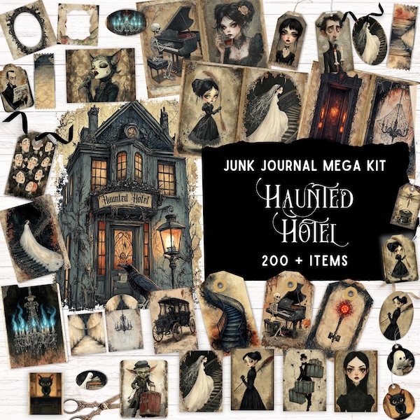 Haunted Hotel Junk Journal Kit, Vintage Spooky Ephemera, Printable Folio Pocket, Whimsical Halloween Craft Supplies, Digital Scrapbook Paper