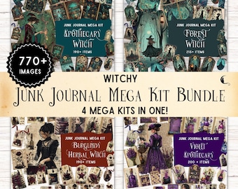 May include: A junk journal mega kit bundle featuring four distinct sets: Apothecary Witch, Forest Witch, Burgundy Herbal Witch, and Violet Apothecary. The collection includes over 770 images, tags, and decorative elements with witchy themes.