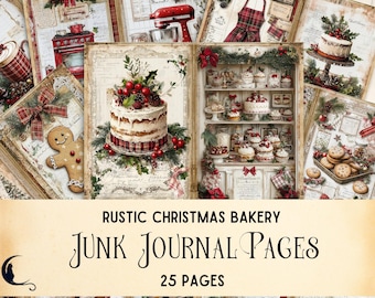 May include: A set of 25 printable junk journal pages featuring a rustic Christmas bakery theme. The pages include images of cakes, cookies, gingerbread, and other holiday treats. The pages are perfect for adding to your junk journal or using for other crafting projects.