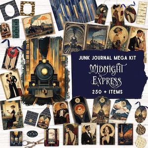 Puede incluir: Un kit de junk journal titulado Midnight Express que incluye más de 250 artículos, como papel efímero, etiquetas y tarjetas con ilustraciones de trenes de vapor, figuras elegantes con ropa formal, relojes y patrones Art Déco en azul marino y oro.